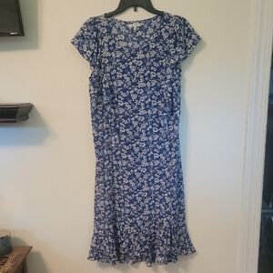 Max Studio Blue and White Ruffled Midi Dress